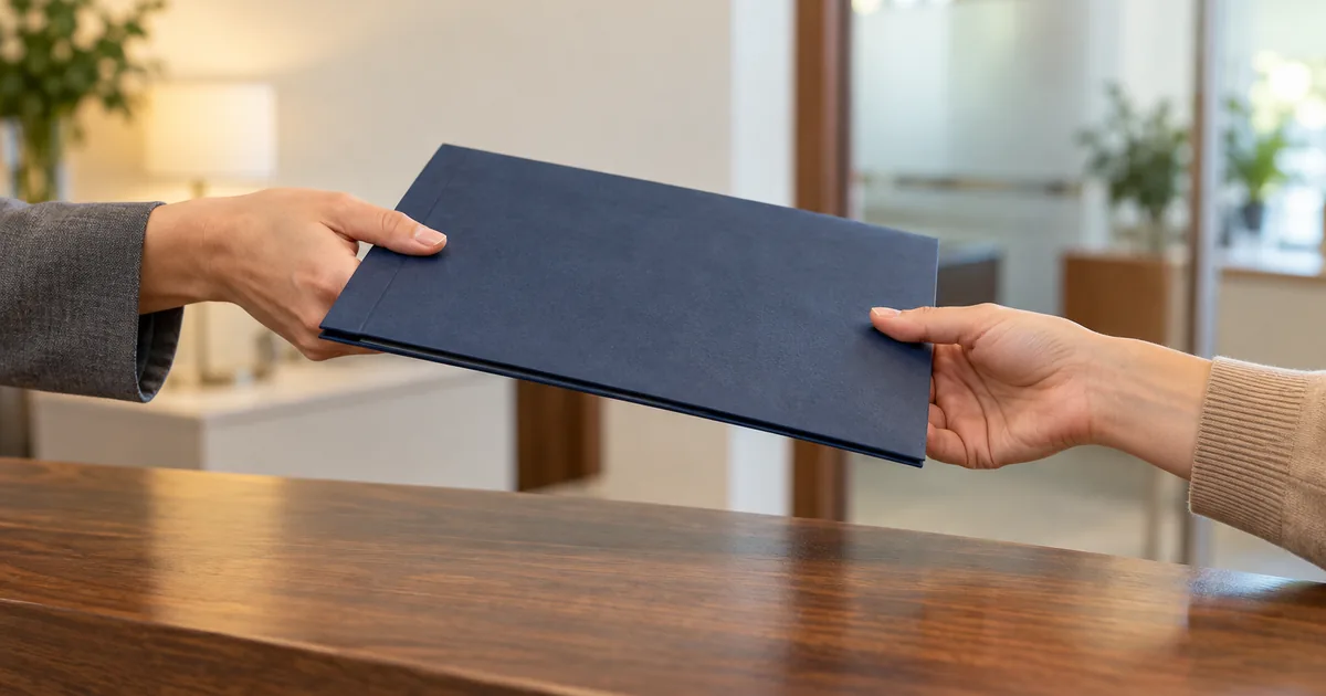 Talking with your Minnesota divorce lawyer: a client handing a blue folder across a law office desk