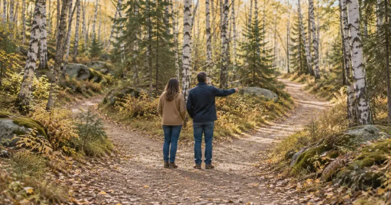 Why to hire a lawyer for your Minnesota divorce: a couple at a fork in a birch forest trail, one pointing the way